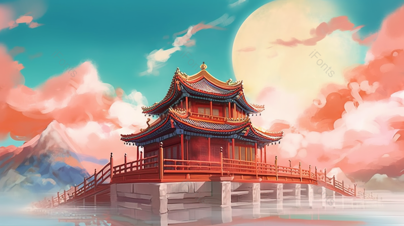 蓝色手绘国潮风水中建筑楼阁背景,插画/手绘图,插画/手绘图库,插画/手绘图下载,插画/手绘